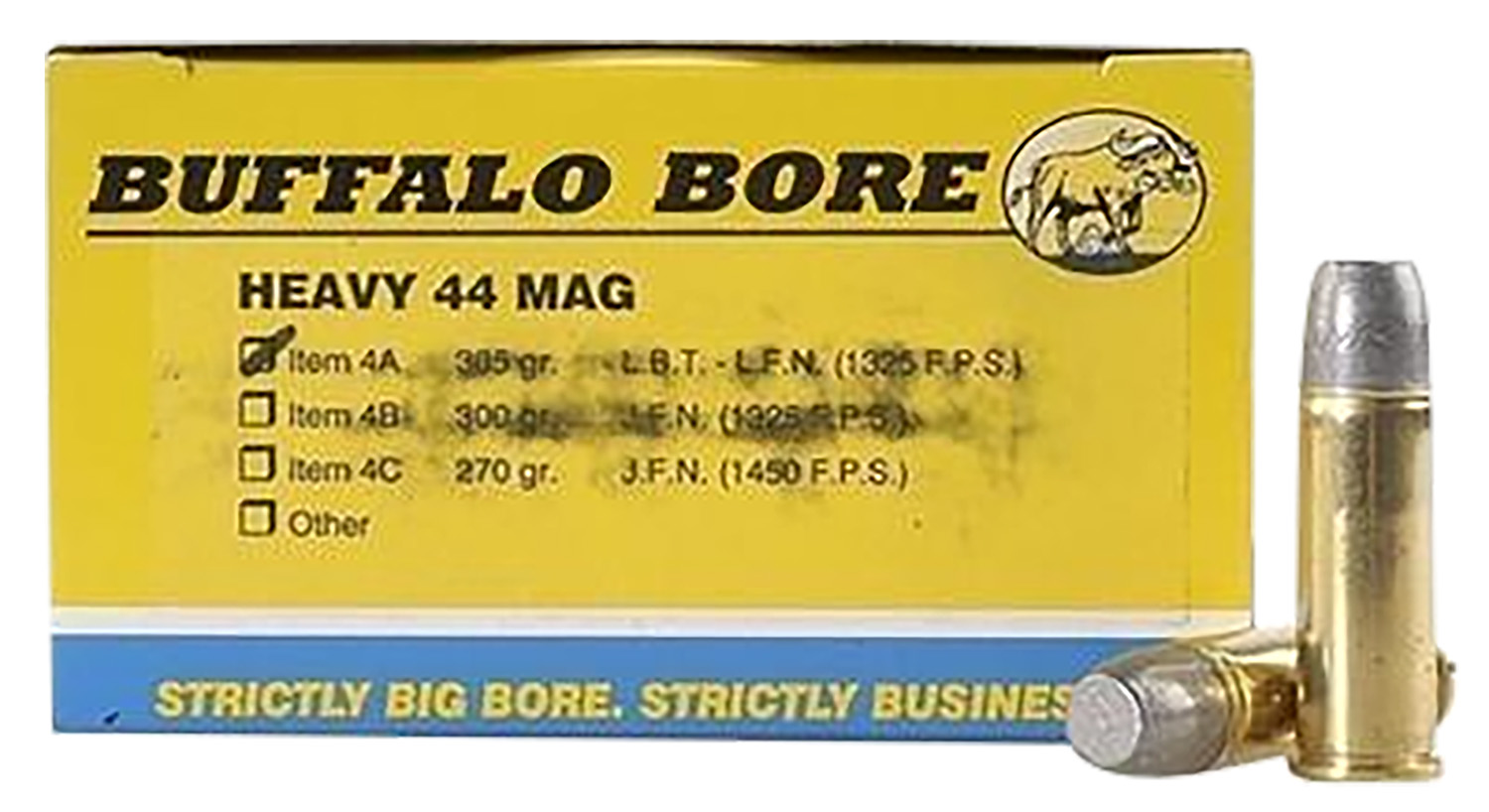 Box of Buffalo Bore 4A20 Heavy .44 Magnum 305 gr hard cast flat nose ammunition