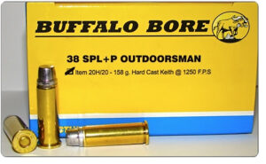 Buffalo Bore Outdoorsman Strictly Business .38 Special +P 158 gr Hard Cast ammunition box, 20 rounds