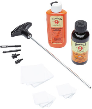 Hoppe's pistol cleaning kit clamshell with No.9 solvent, lubricating oil, patches and aluminum rod