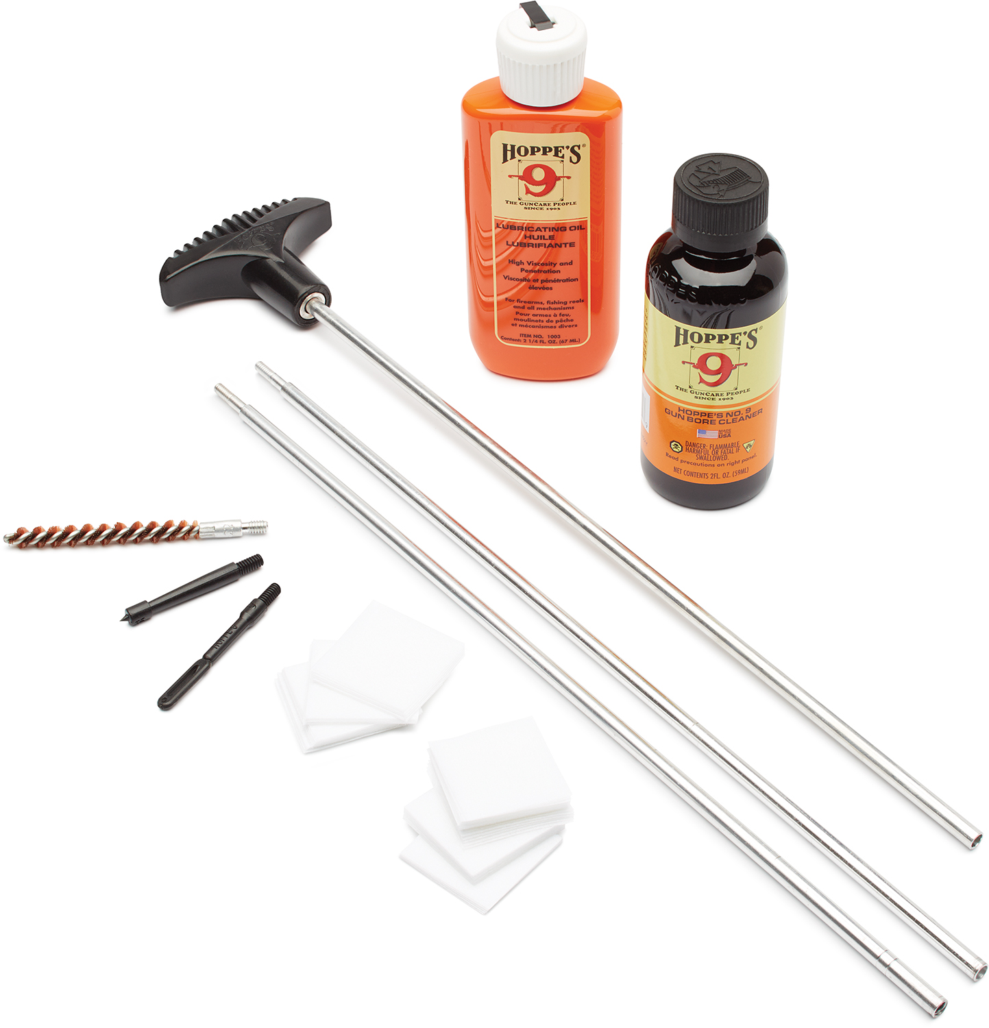 Hoppes rifle cleaning kit with aluminum rod, No. 9 solvent, lubricating oil, bronze brush and patches