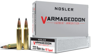 Box of Nosler Varmageddon .223 Rem 55gr flat base tipped ammunition