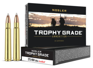Nosler Trophy Grade .375 H&H Magnum 300 gr AccuBond ammunition box, 20 rounds