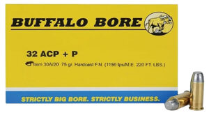 Buffalo Bore 32 ACP +P 75gr hard cast flat nose ammunition box, 20 rounds