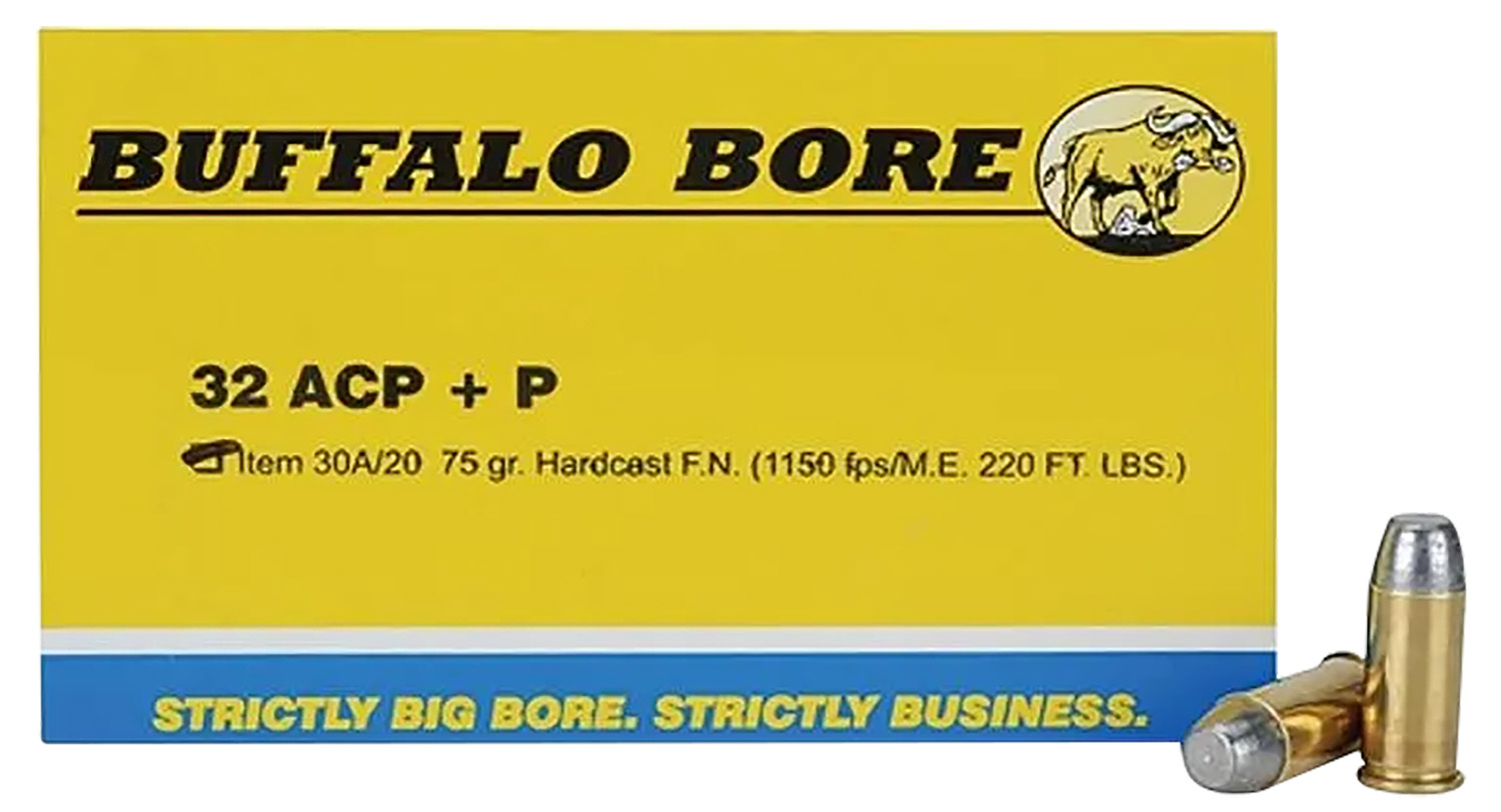 Buffalo Bore 32 ACP +P 75gr hard cast flat nose ammunition box, 20 rounds