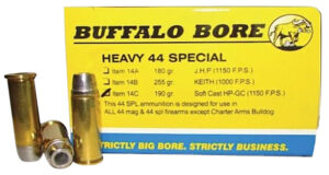 Buffalo Bore 14C20 .44 S&W Special 190 gr Soft Cast Hollow Point ammunition box and rounds