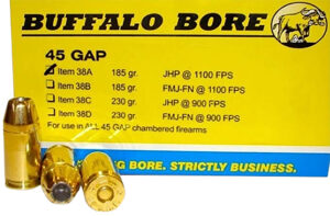 Buffalo Bore 45 GAP 185gr Jacketed Hollow Point box, 20 rounds per box