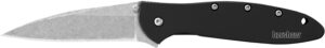 Kershaw Leek 3-inch stonewashed drop point folding knife with black anodized handle