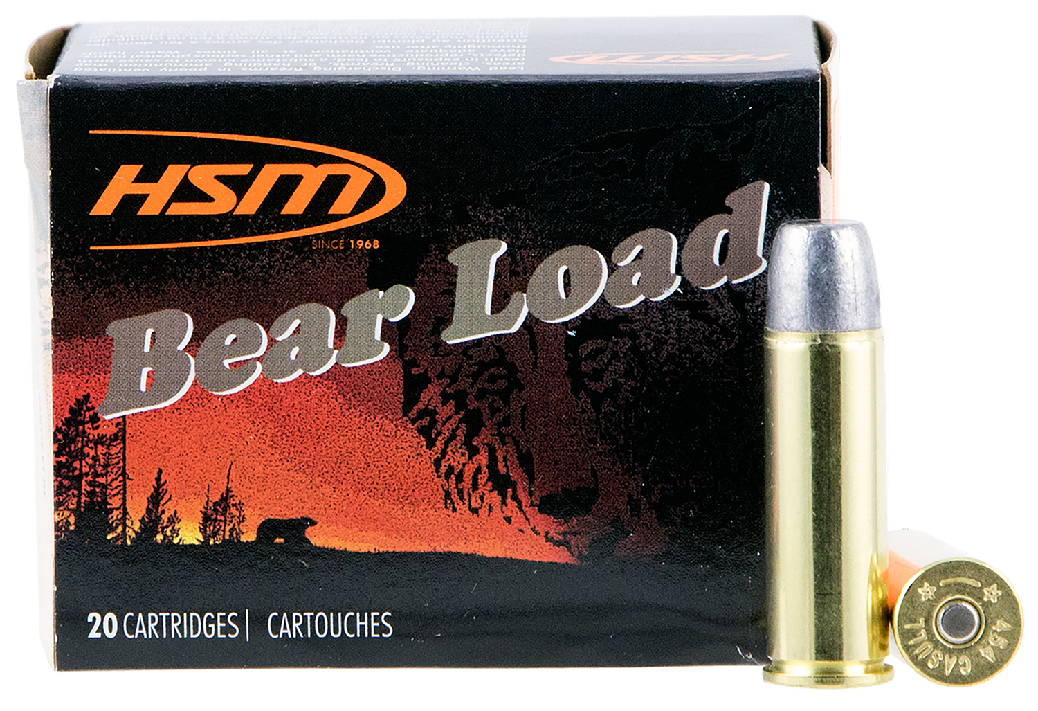 HSM Bear Load .454 Casull 325 grain hard cast ammunition box with loose rounds displayed