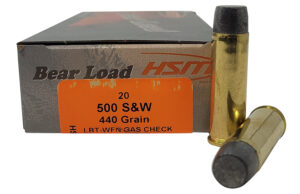 HSM Bear Load .500 S&W Magnum 440 grain hard-cast wide flat nose ammunition box with 20 rounds