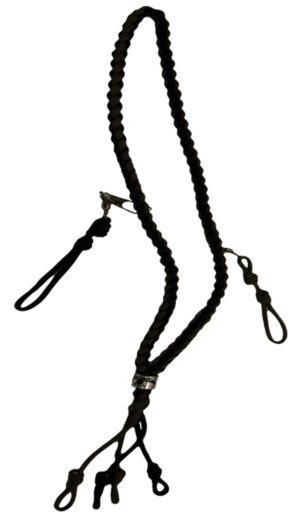 Duck Commander braided lanyard in camo paracord holding calls