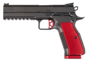 Dan Wesson DWX 9mm pistol, Black DLC finish, red aluminum grips, optic-ready slide