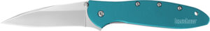 Kershaw Leek 3-inch drop point folding knife with teal anodized aluminum handle and 14C28N blade
