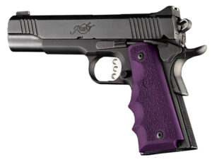 Hogue OverMolded Cobblestone purple rubber grips with finger grooves for 1911 Government