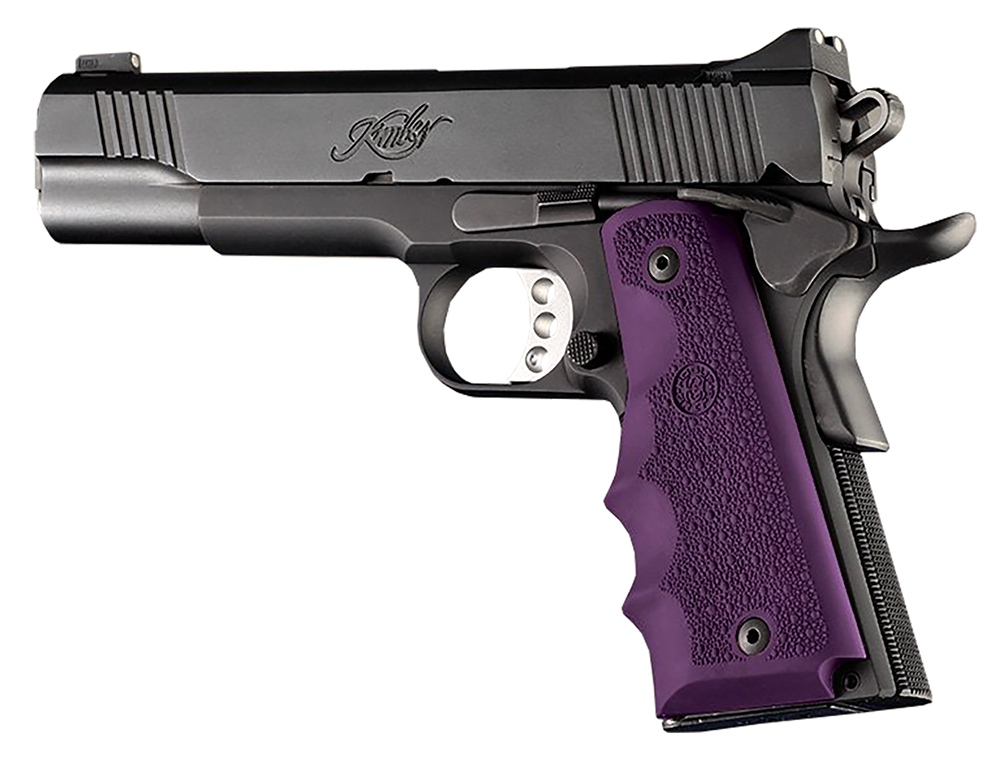 Hogue OverMolded Cobblestone purple rubber grips with finger grooves for 1911 Government