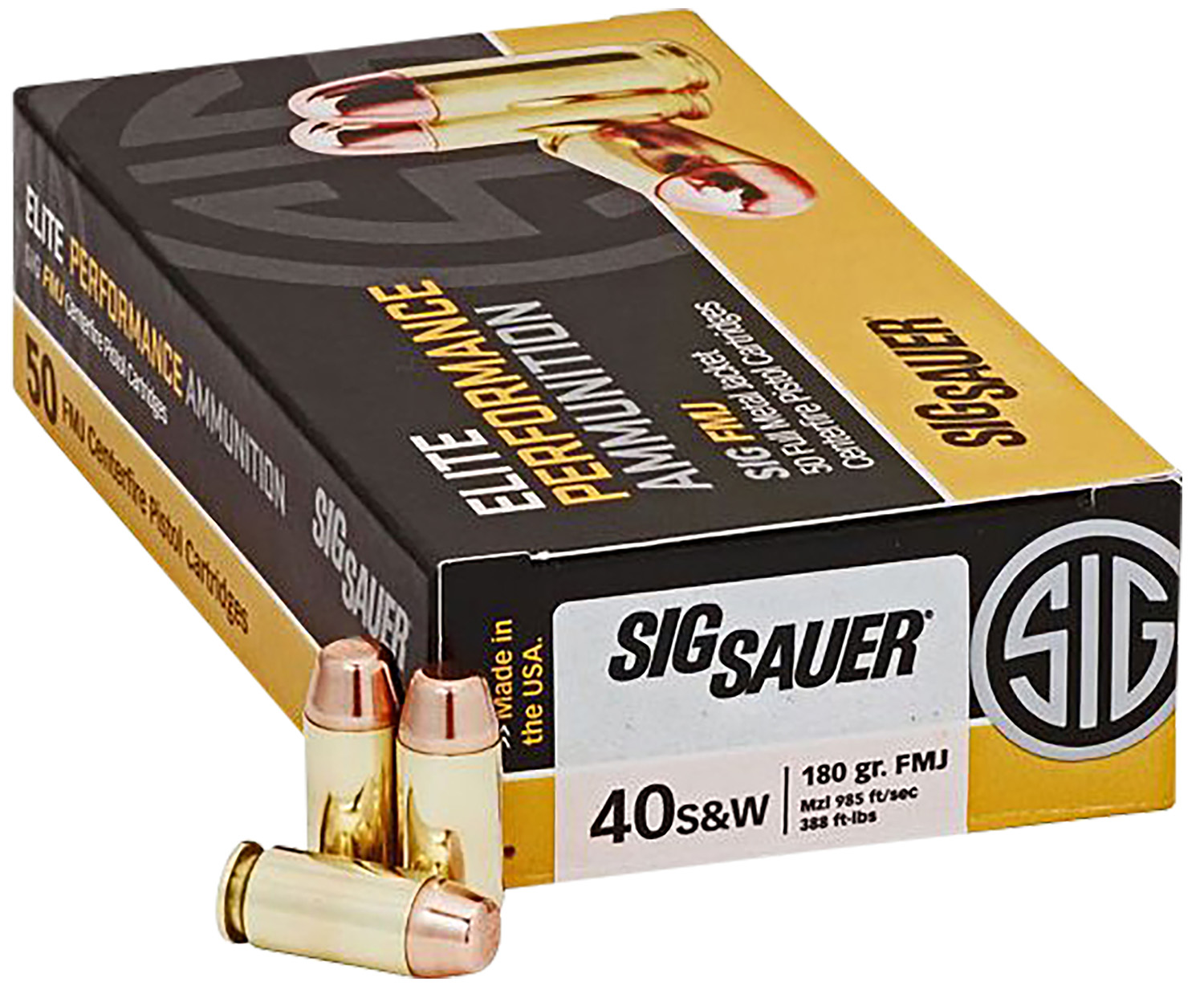 Box of Sig Sauer Elite Ball .40 S&W 180 gr FMJ — 50 rounds