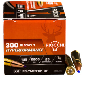 Box of Fiocchi Hyperformance Hunt .300 AAC Blackout 125gr ammunition displayed with rounds visible