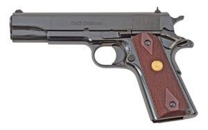 Colt 1911 Government Classic Royal Blue .45 ACP pistol with rosewood grips and mirror-polish finish