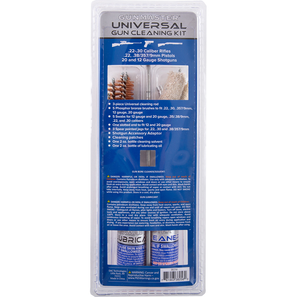 DAC GunMaster 19-piece universal gun cleaning kit in reusable clamshell with brushes and cleaning fluids