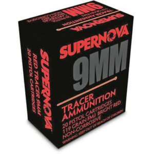 Box of Supernova 9mm 119 grain red tracer FMJ ammunition with twenty rounds