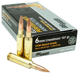 Box of SIG Sauer Elite Match 6mm Creedmoor 107gr ammunition with twenty rounds