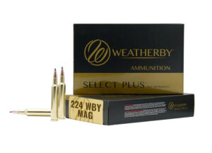 Weatherby 224 WBY Mag 50gr Hornady V-Max ammunition box, 20 rounds