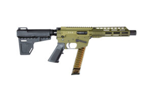Freedom Ordnance FX9P 9mm pistol in OD Green with faux suppressor and KAK Shockwave Blade pistol brace
