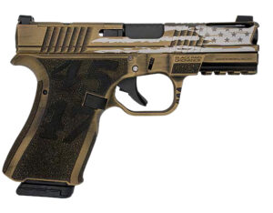 Black Rain Ordnance FRONTLINE+ 9mm pistol with gold battleworn Cerakote finish, right side view