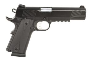 Tisas 1911 Duty 5-inch black Cerakote steel-frame pistol with Novak sights and black rubber grips