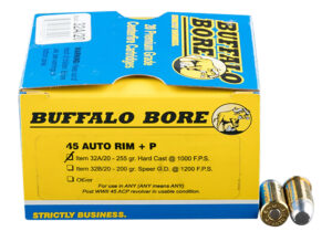 Box of Buffalo Bore 45 Auto Rim +P 255 grain hard cast ammunition