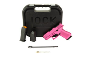 GLOCK 43X 9mm Bubblegum pink Cerakote subcompact pistol side view