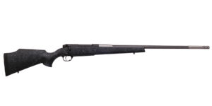 Weatherby Mark V Accumark .338 Lapua Magnum rifle with black webbed Monte Carlo stock