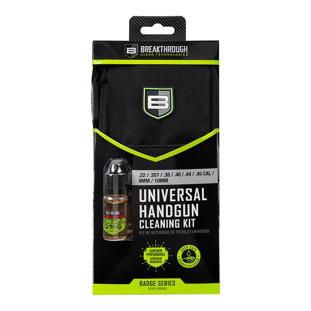 Allen Breakthrough Universal Handgun Cleaning Kit contents: brushes, rods, aluminum handle, jags, patch holders and 12 mL All