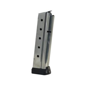 Colt 1911 9mm 10-round stainless steel magazine with numbered witness holes and bumper pad base