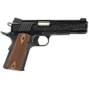 Standard Manufacturing 1911 .45 ACP 5-inch blued engraved handgun with rosewood grips