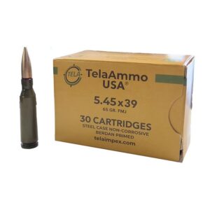 Wolf TelaAmmo 5.45x39 65gr FMJ ammunition box and cartridges, 30 count
