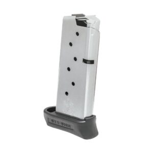 Springfield Armory 911 9mm 7-round stainless magazine with pinky extension standing upright