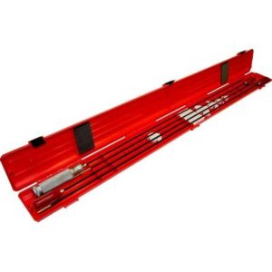 MTM red gun cleaning rod case with foam-padded slots and storage compartments