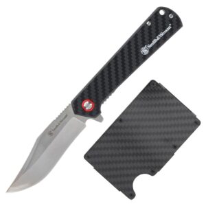 Smith & Wesson folding knife and carbon-fiber wallet combo, 3.3 inch clip point blade, black