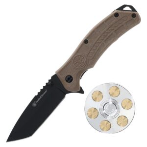 Battenfeld Smith & Wesson 3" tanto folding knife with brown polymer handle and fidget spinner