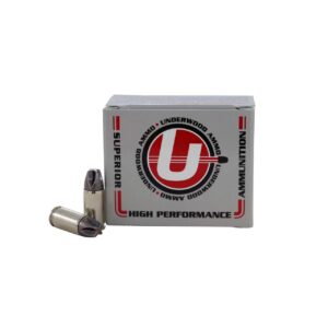 Underwood Xtreme Defender Platinum .380 ACP +P ammunition box showing 20 rounds of solid copper bullets