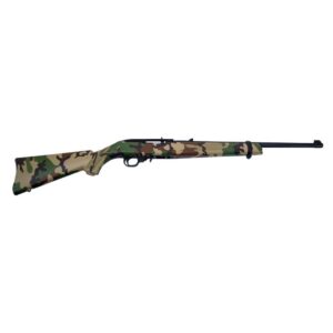 Ruger 10/22 Woodsman .22 LR rifle with 18.5 inch barrel and woodland camo stock