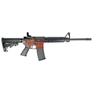 Ruger Texas Orange AR-556 rifle side view with 16.10 inch barrel and collapsible stock