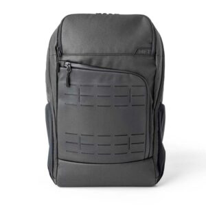 Mission First Tactical Achro 22L EDC backpack in black showing front pockets and padded back panel