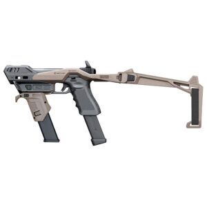 Recover Tactical 20/20N Stabilizer Kit with Tan Brace mounted on Glock-style pistol
