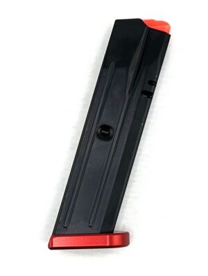 Dan Wesson DWX 9mm 10-round magazine with red anodized aluminum basepad standing upright