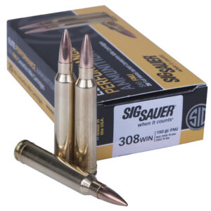 Box of Sig Sauer Elite Ball 308 Winchester 150gr FMJ rifle ammunition with twenty rounds