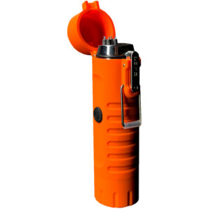 Dark Energy Plasma Lighter Orange with dual-arc plasma and 120-lumen flashlight