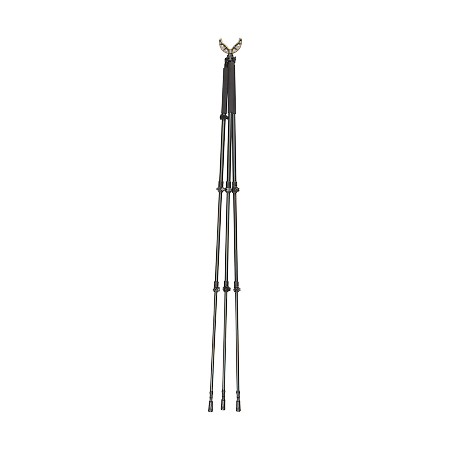 Allen Axial olive aluminum shooting stick set up as a tripod with V-style rifle cradle