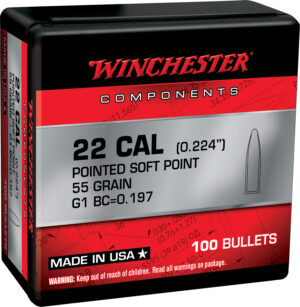 Winchester .224 caliber 55 gr pointed soft point bullets, box of 100