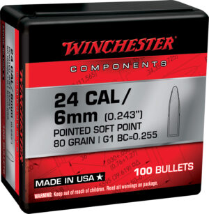 Winchester .243 80 gr Pointed Soft Point bullets, box of 100